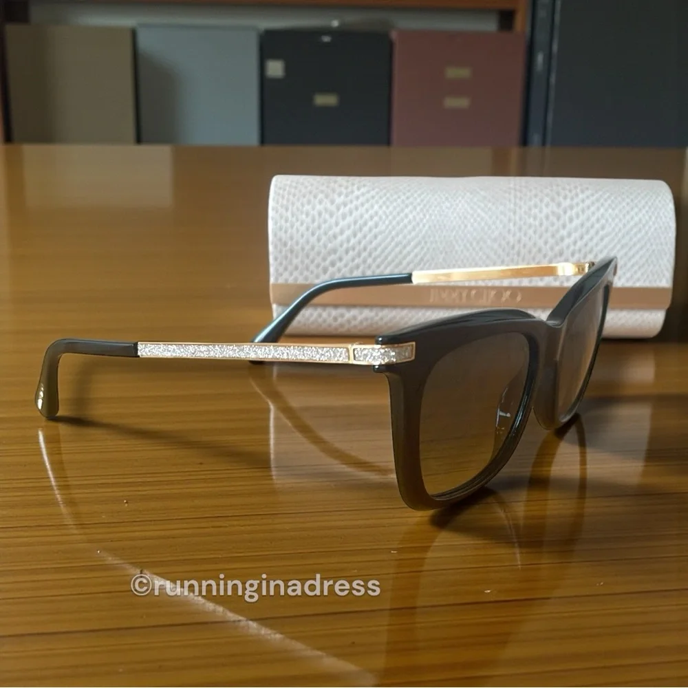 New In Case Jimmy Choo Olye Square Sunglasses In Black & Gold Glitter Accent